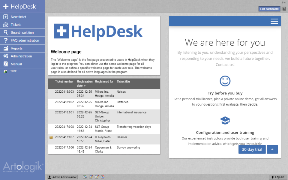 screenshot of Artologik HelpDesk